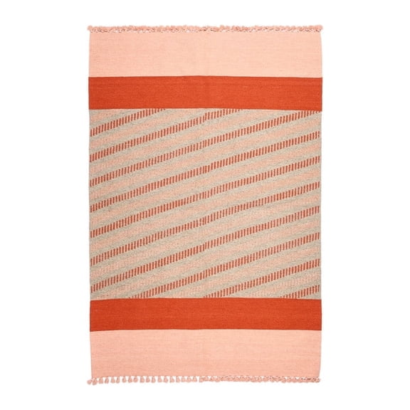 NATRIEL Handwoven Jawaja Wool Dhurrie Rug, Pink and Rust Diagonal Stripe with Tassel Fringe, 49.2 x 74.8 Inch