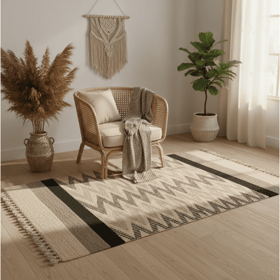 Handwoven Beige and Black Chevron Pattern Rug/Floor Mat – Jawaja Wool Dhurrie