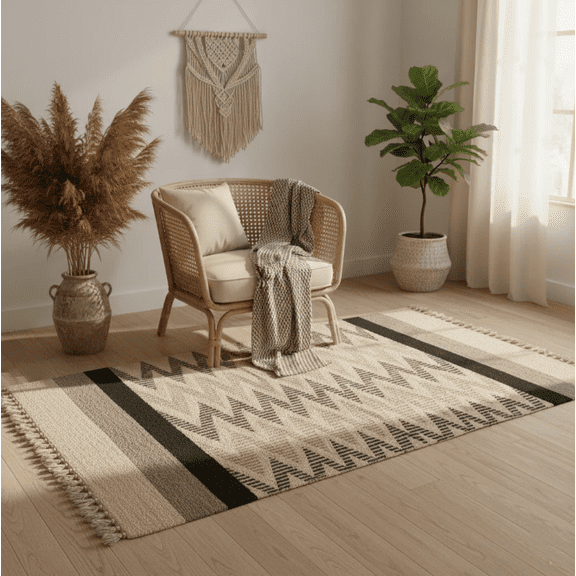 Handwoven Beige and Black Chevron Pattern Rug/Floor Mat – Jawaja Wool Dhurrie