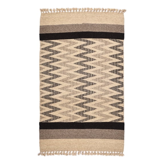 Handwoven Beige and Black Chevron Pattern Rug/Floor Mat – Jawaja Wool Dhurrie