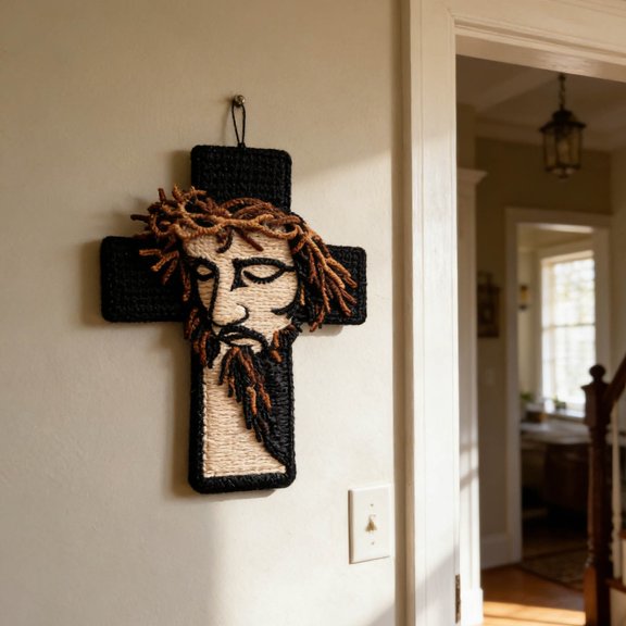 Handwoven Jesus Cross Wall Hanging - Boho Knitted Religious Tapestry, Handmade Christian Wall Decor, Artistic Macrame Wall Art for Living Room, Bedroom & Church