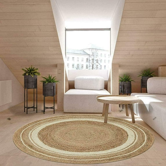 Handwoven Jute Area Rug,Natural Beige Color White Line Hand Braided Round Rugs for Bedroom, Kitchen, Living Room, Farmhouse Rugs for Living-11x11 Square Feet (132x132 Inch)