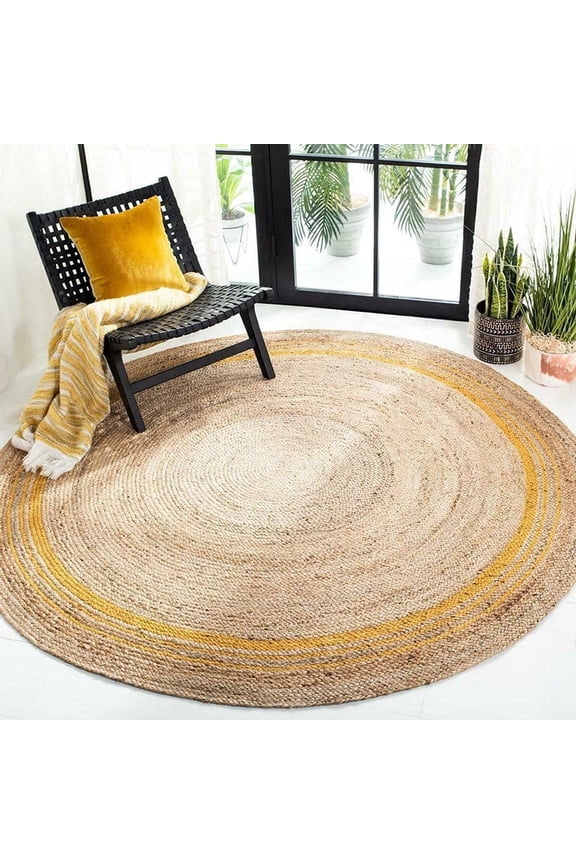 Handwoven Jute Area Rug,Natural Beige Color Yellow Line Hand Braided Round Rugs for Bedroom, Kitchen, Living Room, Farmhouse Rugs for Living-4x4 Square Feet (48x48 Inch)