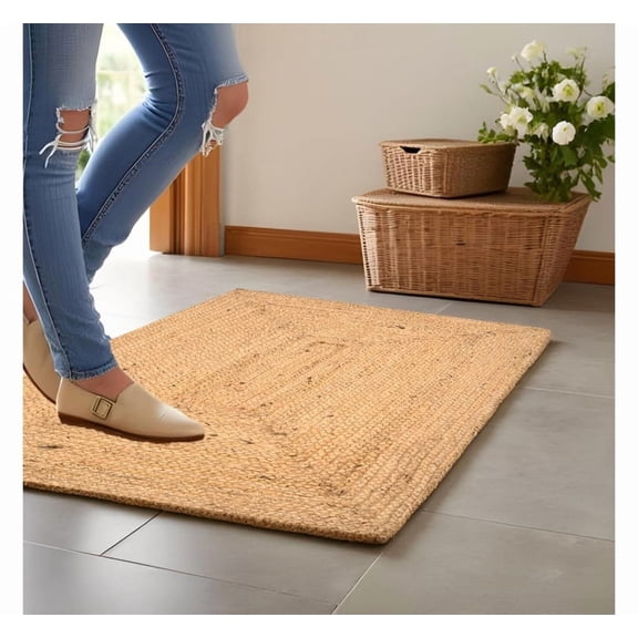 Handwoven Jute Braided Rug Rectangular Rustic Farmhouse Reversible Eco Friendly Carpet_2'X3'