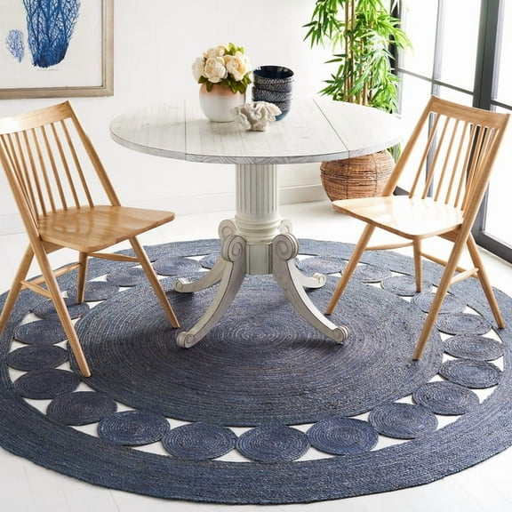 Natural Beige Farmhouse Rug, Braided Rustic Eco-Friendly Floor Mat, Navy, 4 FT