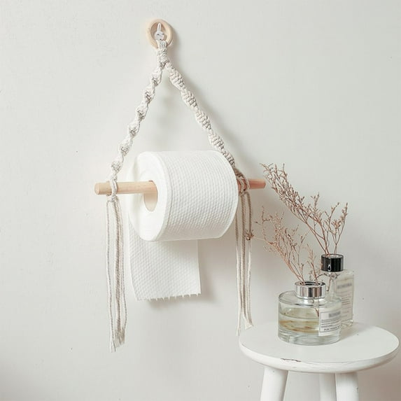 Handwoven Lace Wall Hanging Towel Rack | Boho Macrame Rope Storage Organizer | White Cotton Tassel Design | Multipurpose Wall Decor for Bedroom Living Room Porch | 18.1in Wooden Holder
