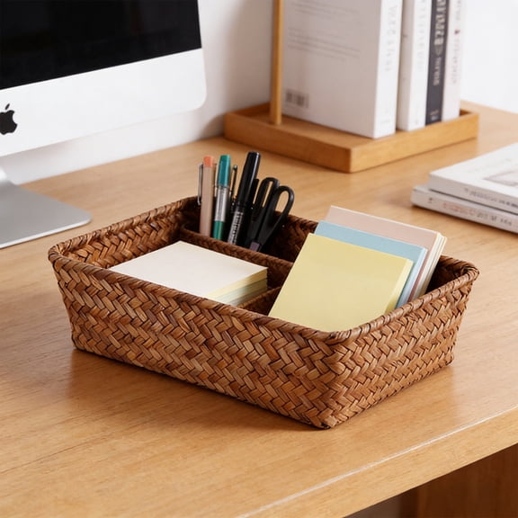 Handwoven Linen Storage Basket | Desktop Organizer Tray for Keys & Remote Control | Natural Brown Weaving Clutter Box | Bathroom & Bedside Table Decor