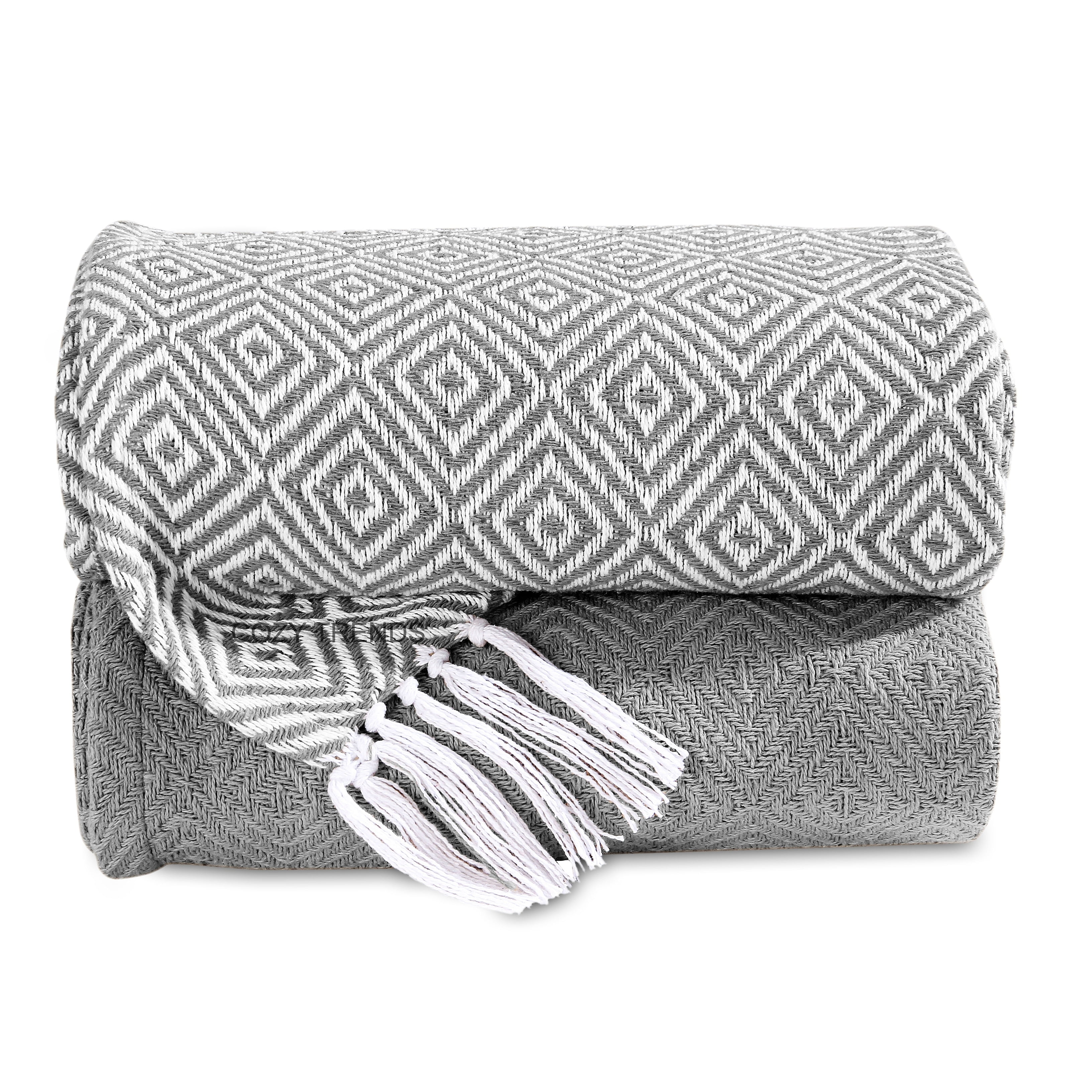 Handwoven Diamond Grey Cotton Throw Blankets Set of 2