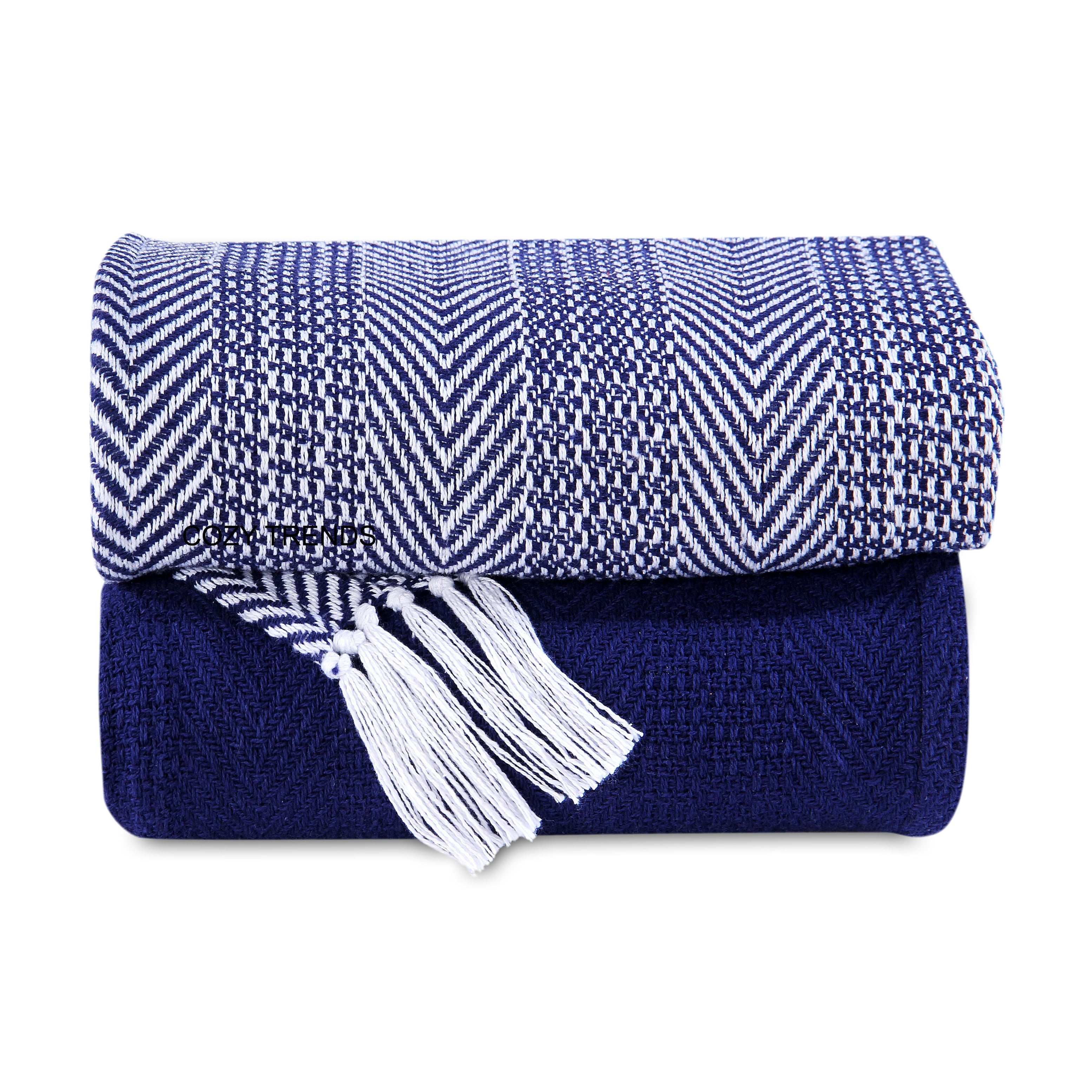 Navy and White Handwoven Cotton Throw Blankets Set of 2