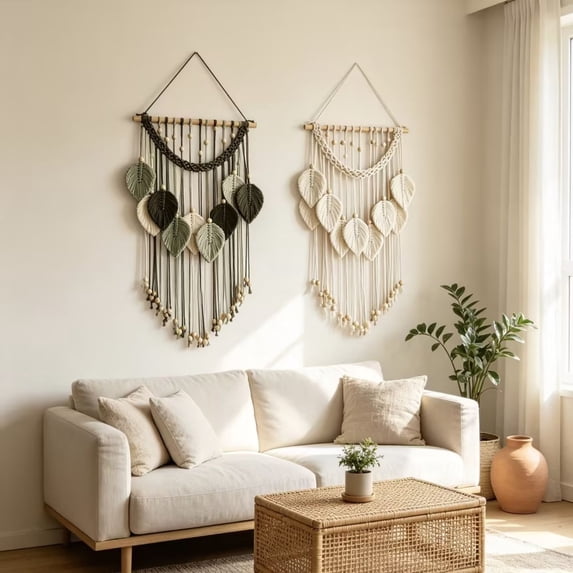 Handwoven Macrame Wall Hanging with Bohemian Leaf Tassels for Living Room Bedroom Hotel Decor