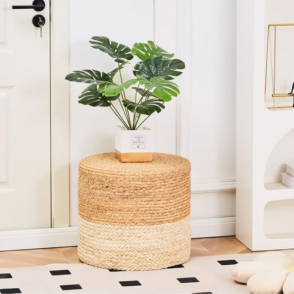 Handwoven Natural Cattail Pouf Ottoman, 250LBS Capacity with Anti-Slip Pads, Multi-Purpose Vanity Stool Footrest for Home Balcony Garden