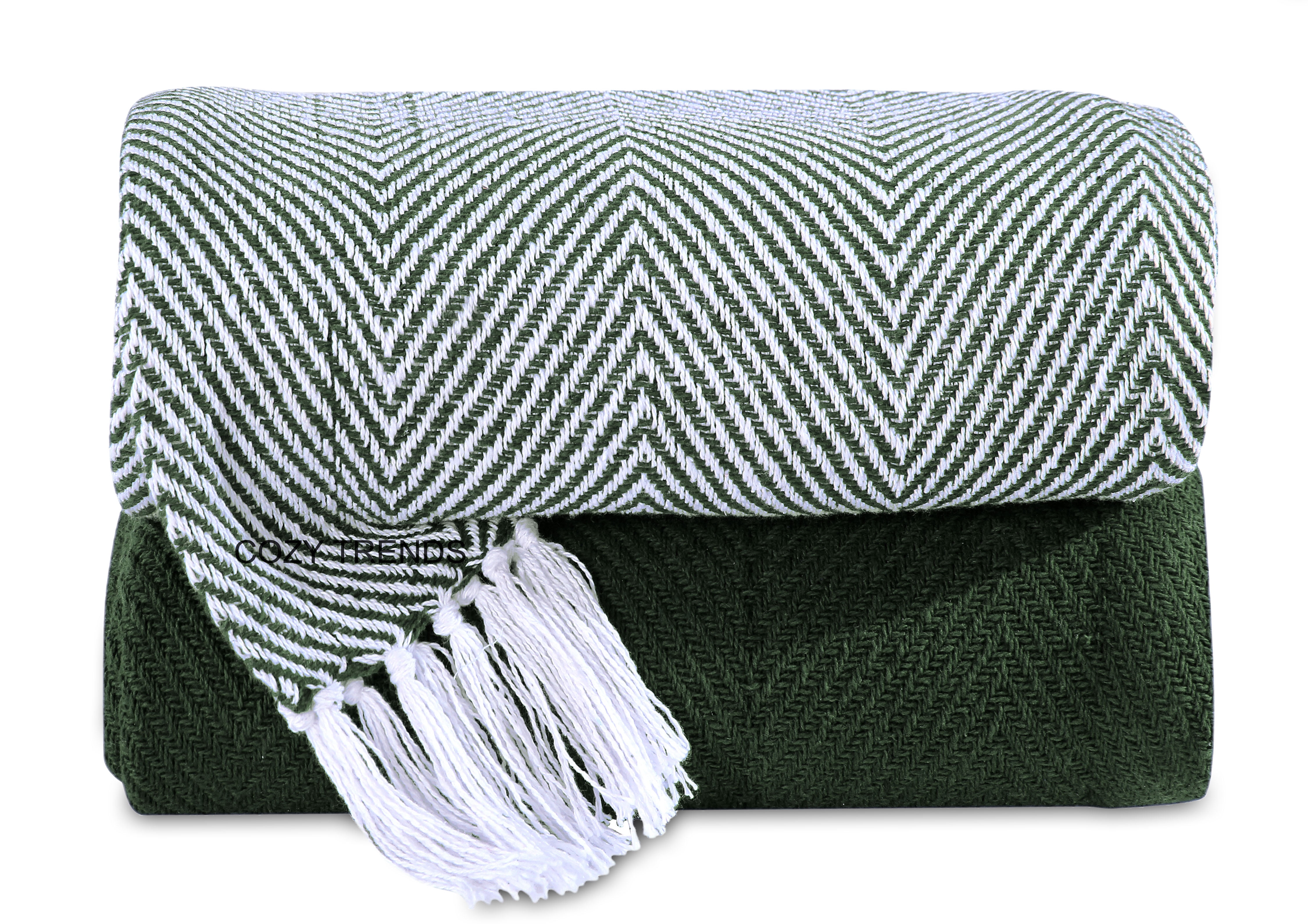 Dark Green Chevron Cotton Throw Blanket with Fringe 50'' x 60''