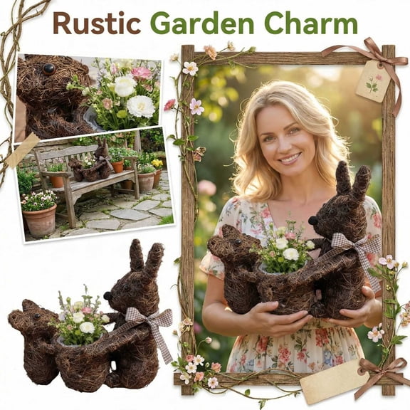 Handwoven Natural Fiber Flower Basket - Rustic Garden Decor, Outdoor Animal Planter for Patio, Yard, and Home Decoration (Deer)