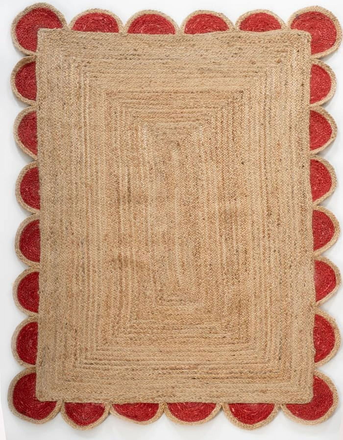 Handwoven Natural Jute Red Scalloped Rugs , Home Décor Jute Carpet 2.6 x 4 Feet ( 75 cm x 120 cm )Runner