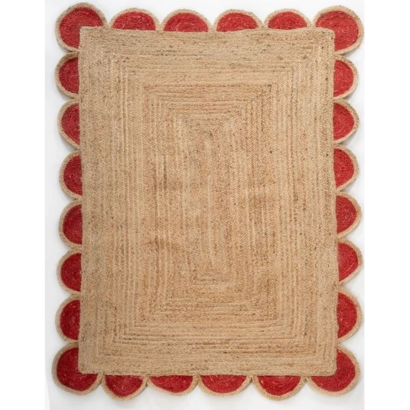 Handwoven Natural Jute Red Scalloped Rugs , Home Décor Jute Carpet 4 x 10 Feet ( 120 cm x 300 cm )Rectangle