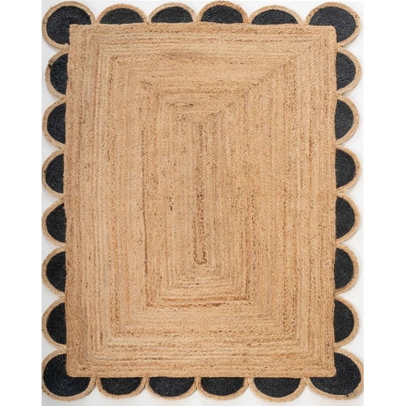 Handwoven Natural Jute with Black Scalloped Rugs , Home Décor Jute Carpet 2 x 2 Feet ( 60 cm x 60 cm )Square
