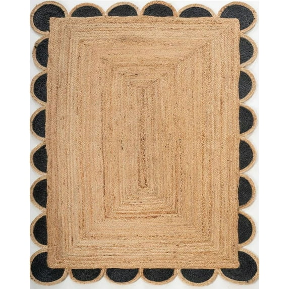 Handwoven Natural Jute with Black Scalloped Rugs , Home Décor Jute Carpet 8 x 11 Feet ( 240 cm X 330 cm ) Rectangle