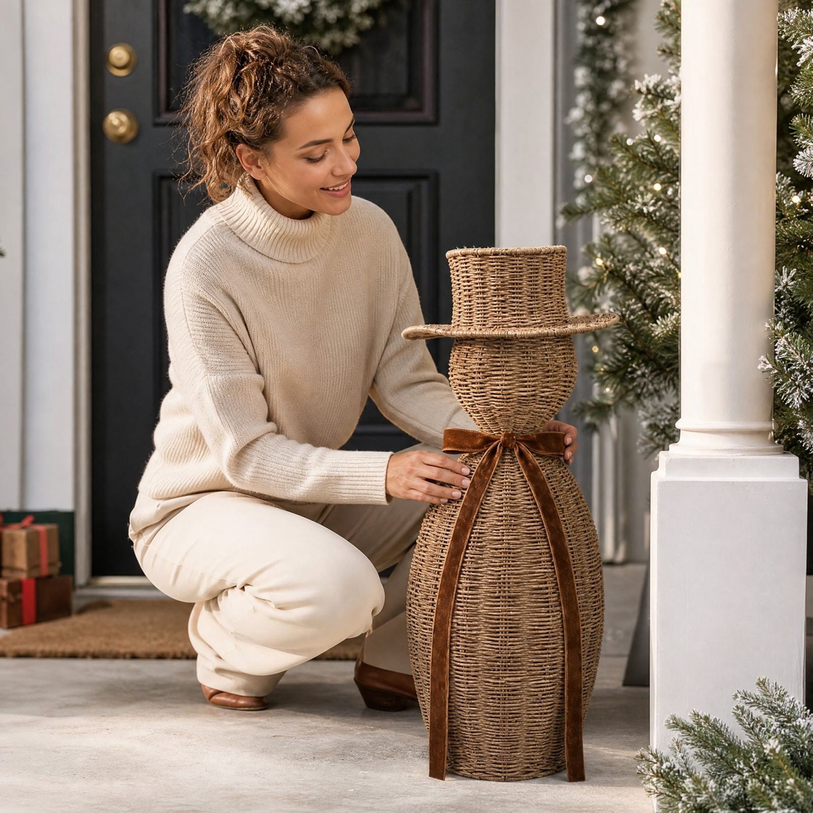 Handwoven Natural Rattan Snowman Figurine,Rattan View Christmas Desk Decor Rattan Woven Snowman Farmhouse Tabletop Snowman Statue,Rustic Christmas Indoor for Mantel Shelf Entryway Ornament