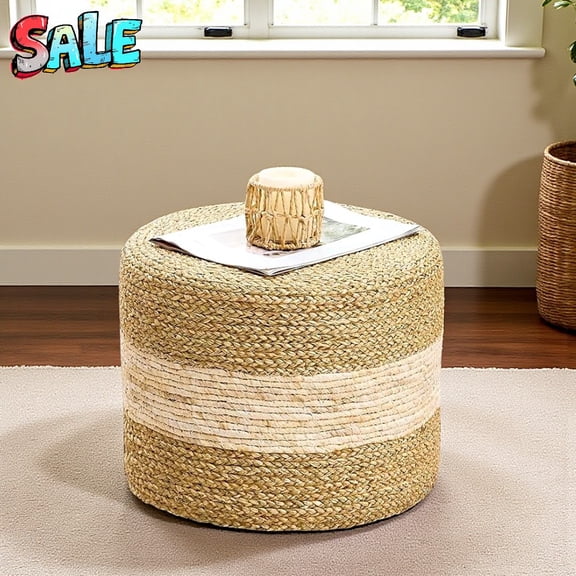 Handwoven Natural Seagrass Round Ottoman, Rustic Boho Footrest Stool with Wooden Frame, Eco-Friendly Low Pouf Seat for Living Room, Bedroom & Meditation — No Assembly Required (Light Natural + Beige)