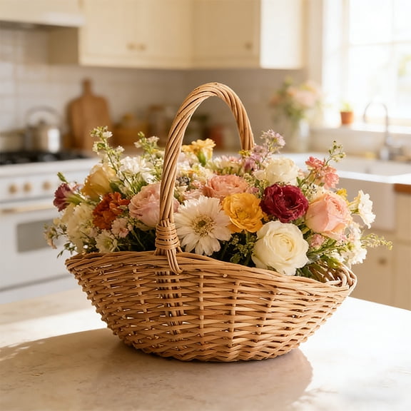 Handwoven Natural Wicker Basket, Single Curved Handle Fruit Storage Tote, Multipurpose Wedding Floral Picnic Carry Basket, For Home Kitchen Garden Outdoor Party Decor