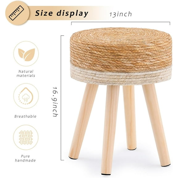 Handwoven Outdoor Ottoman, Water Hyacinth Pouf Round Footstool with Wood Legs, 17-Inch Multipurpose Vanity Stool, Dining Chair, Footrest for Balcony and Garden, White