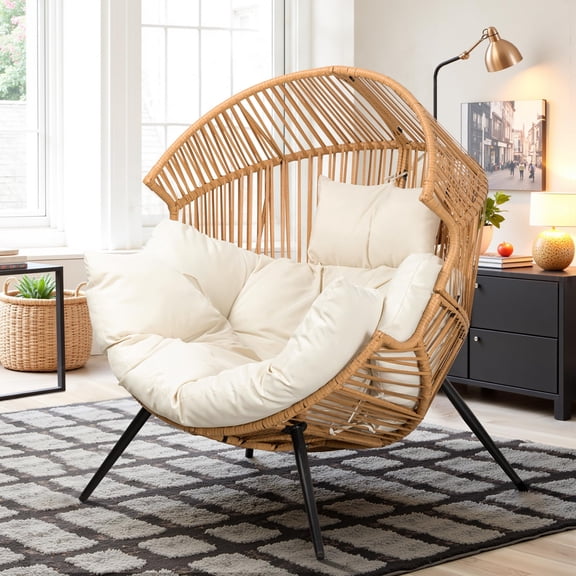 PE Wicker Egg Chair with Cushion, Oversized Patio Lounge Chair for Outdoor Indoor Balcony Backyard Garden Living Room, Beige