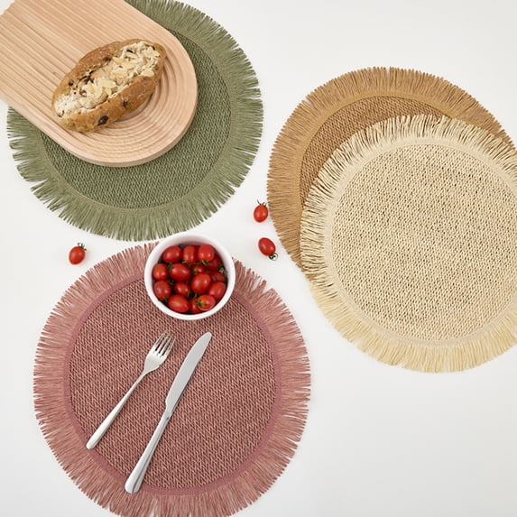 Handwoven Paper Placemat Round Heat-Resistant Table Mats with Tassel Edge Absorbent Elegant Home & Restaurant Dining Decor