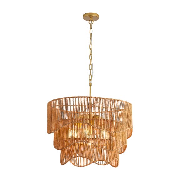 Handwoven Paper Rattan Boho Chandelier With 7-Light E26 Base, 60Cm Adjustable Height Wave Pendant Light For Living Room, Sloped Ceiling Compatible, Sturdy Metal Hardware, Warm Glow For Dining Room