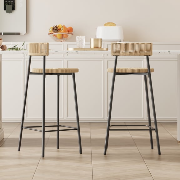 Handwoven Paper Rope Counter Stools Set of 2 Boho Kitchen Pub Chairs
