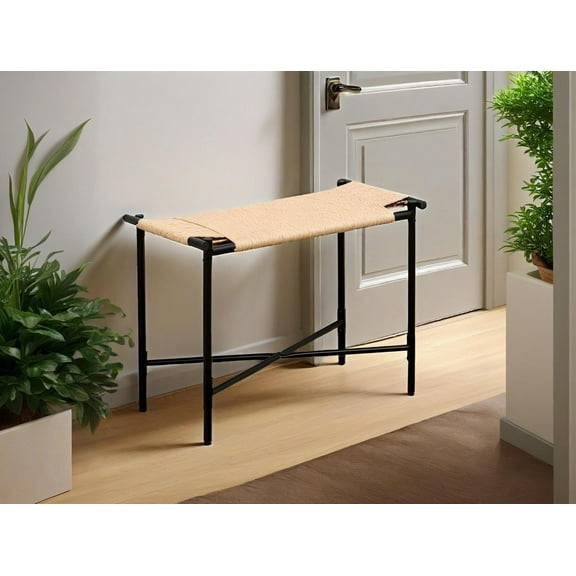 Handwoven Paper Rope Ottoman Stool, Black Metal Frame, Natural Beige Seat, Entryway Footstool