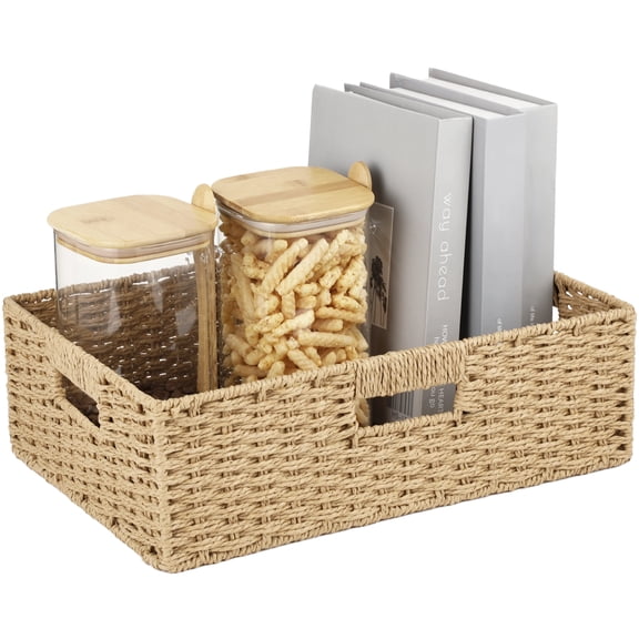 Handwoven Paper Rope Storage Basket, Rustic Large Rectangular Shelf Organizer with Metal Frame, Drawer Basket Pantry Tray with 3 Built-in Handles, Decorative Woven Bin for Home Office