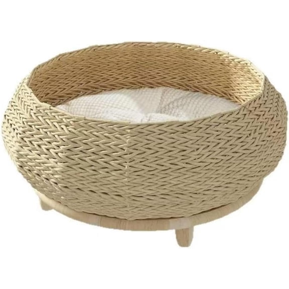 Handwoven Paper Rope Wicker Rattan Nest Basket Bed, Elevated Couch with Wooden Base, Cozy Cushion for Maine Coon, Indoor