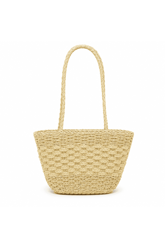 Handwoven Paper Straw Tote Bag Inverted Trapezoid Summer Beach Shoulder Purse with Integrated Long Straps and Large Capacity Slouchy Silhouette for Resort Vacation and Daily Commute