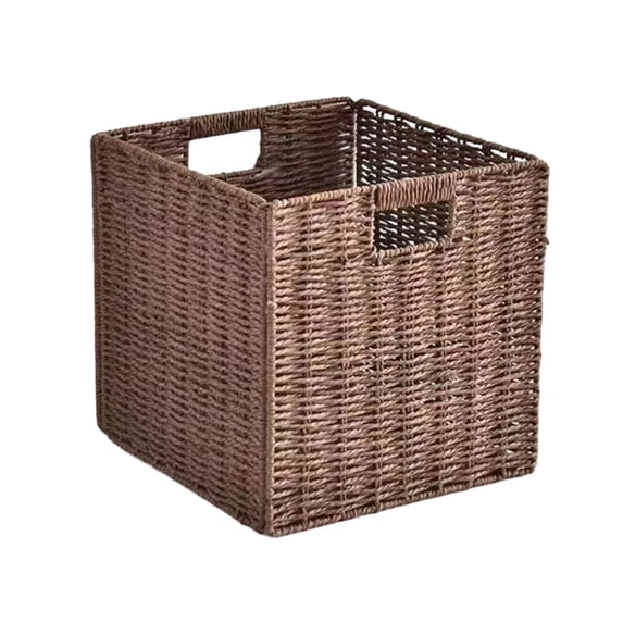 Handwoven Paper Woven Cube Basket Organizer with Handles Foldable Storage Baskets for Bedroom Living Room Cubby Storage Units for Clothes Books Toys 9.8x9.8x9.8 Inch