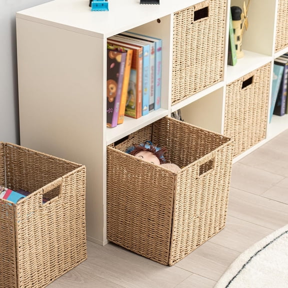 Handwoven Paper Woven Cube Basket Organizer with Handles set of 4 Foldable Storage baskets for Bedroom Living Room Cubby Storage Units for Clothes Books Toys (Natural, 13" L x 13" W x 13" H)