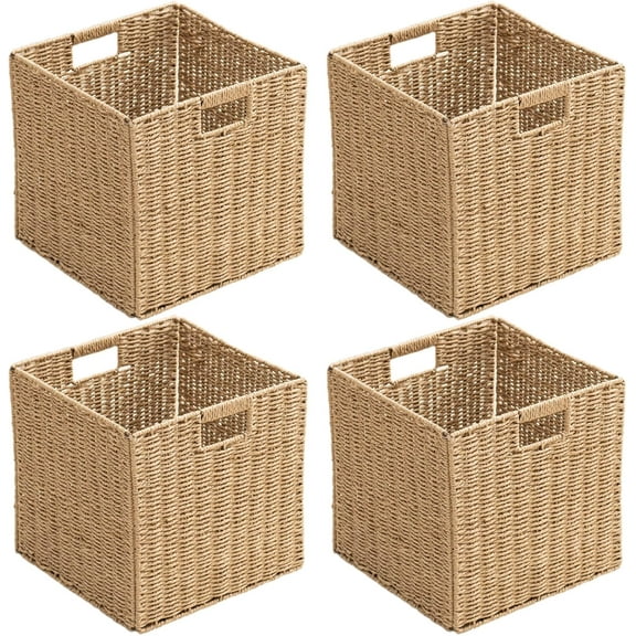 Handwoven Paper Woven Cube Basket Organizer with Handles set of 4 Foldable Storage baskets for Bedroom Living Room Cubby Storage Units for Clothes Books Toys (Natural, 13" L x 13" W x 13" H)
