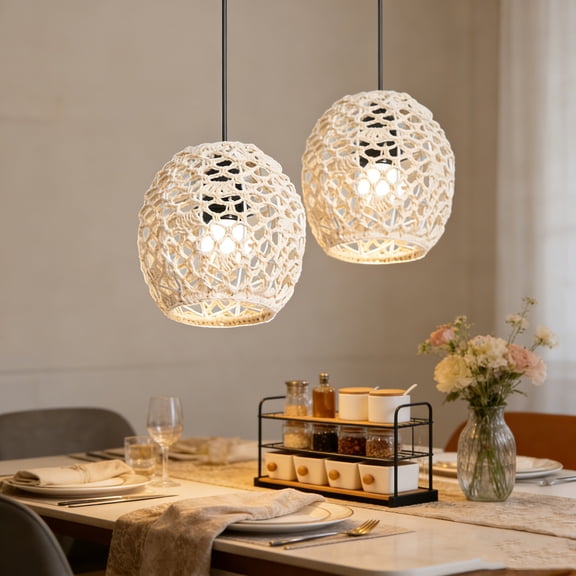 Handwoven Pendant Lamp Shade Bohemian Retro Woven Chandelier Cover Farmhouse Light Fixture Cover for Home Kitchen Decor