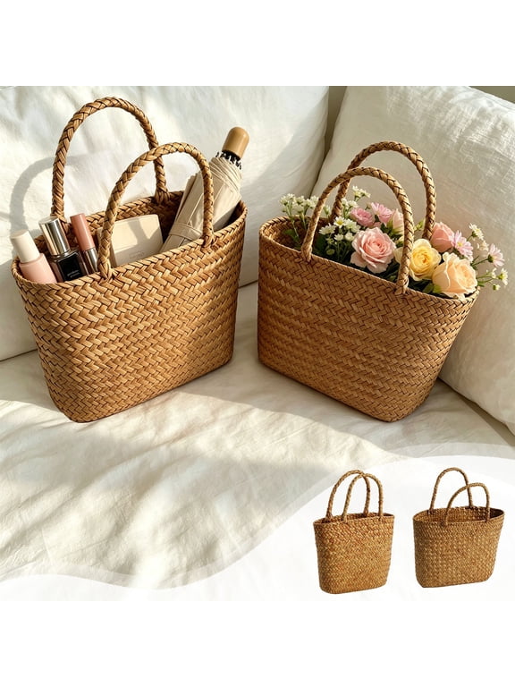 Handwoven Plastic Beach Tote Bag, Khaki Summer Handbag, 11.81 x 11.02 x 1.57 Inches