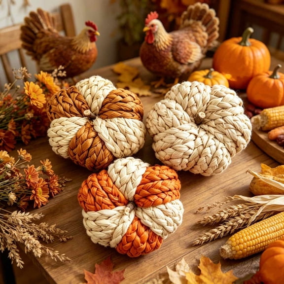 Handwoven Plastic Pumpkin Decor, Natural Raffia Fall Pumpkin Halloween Decorations with Wood , Multicolor Thanksgiving Halloween Decor for Table Mantel