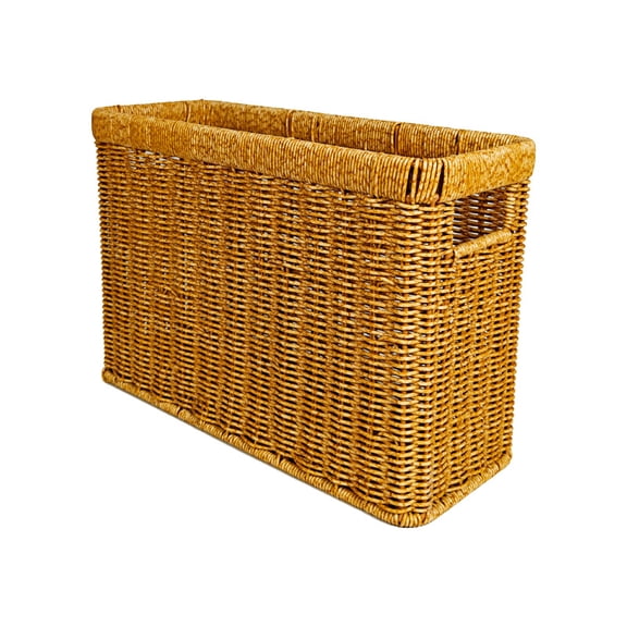 Handwoven Plastic Wicker Narrow Tall Basket, Rectangular Open Top Storage for Magazines, Books, Living Room Corner No Lid