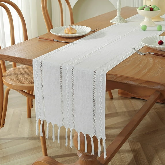 Handwoven Polyester Table Runner with Fringe - 13"x79" Farmhouse Lace Tablecloth for Dining Table, Christmas, Thanksgiving, Rustic Wedding Decor (Ivory)