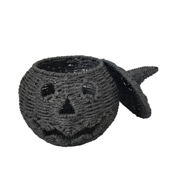 Handwoven Pumpkin Shaped Decorative Basket with Built-in LED Light and Lid for Halloween Home Party Storage and Seasonal Display