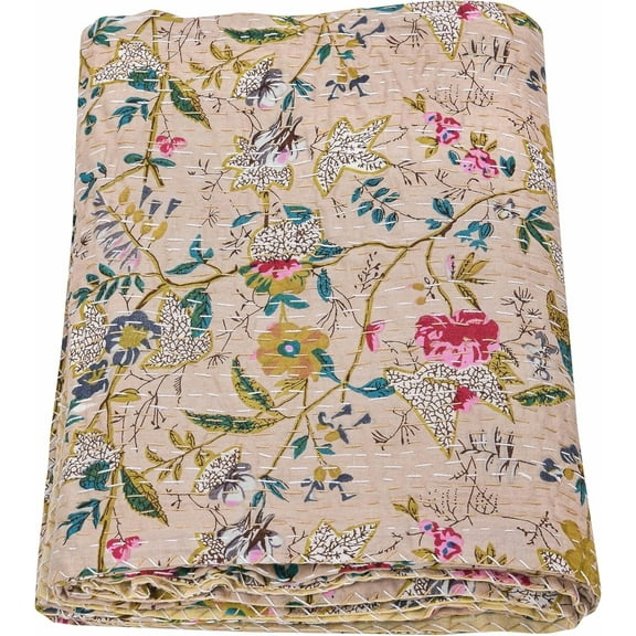 Handwoven Pure Cotton Kantha Quilt , Bedspread , Throw Blanket Size ( King - 108" x 108" )