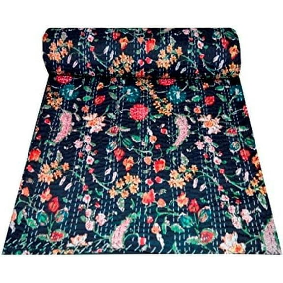 Handwoven Pure Cotton Kantha Quilt , Bedspread , Throw Blanket Size ( King - 108" x 108" )