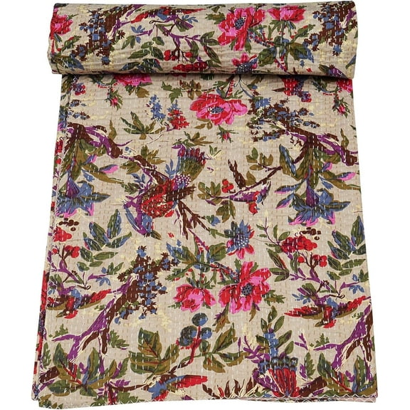 Handwoven Pure Cotton Kantha Quilt , Bedspread , Throw Blanket Size ( King - 108" x 108" )