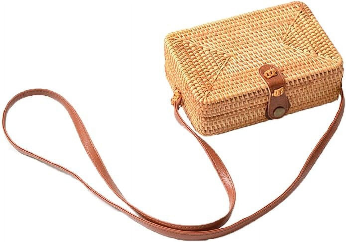 Handwoven Rattan Bag Shoulder with Leather Strap, Women Handmade Wicker Woven Purse, Brown Straw Boho Basket Handbag(7.5x5.1x2.7inches)