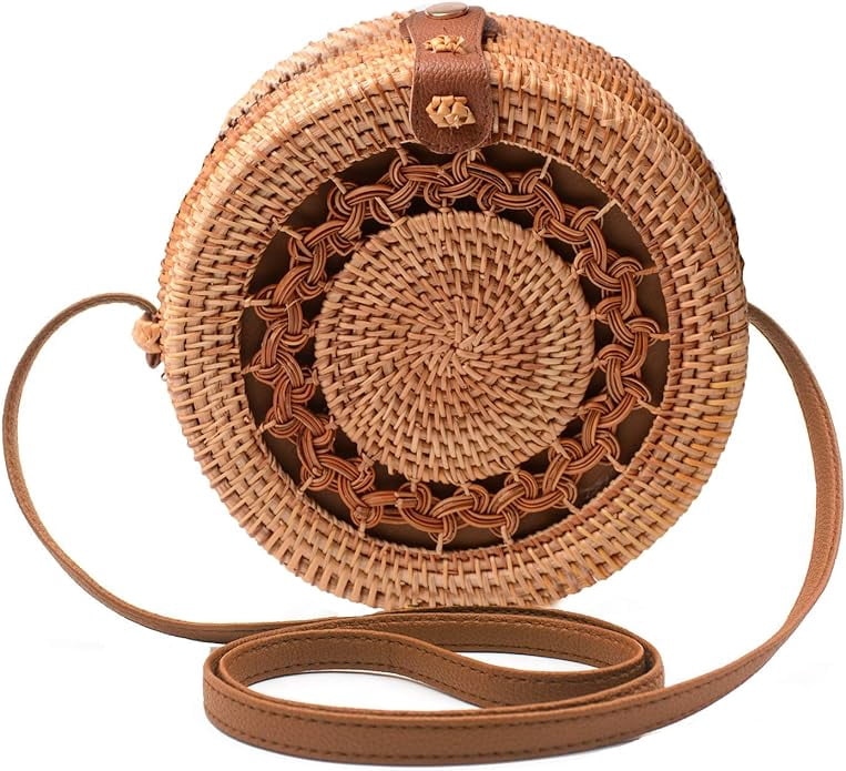 Handwoven Rattan Bag Shoulder with Leather Strap, Women Handmade Wicker Woven Purse, Brown Straw Boho Basket Handbag(7.9x7.9x3.1inches)