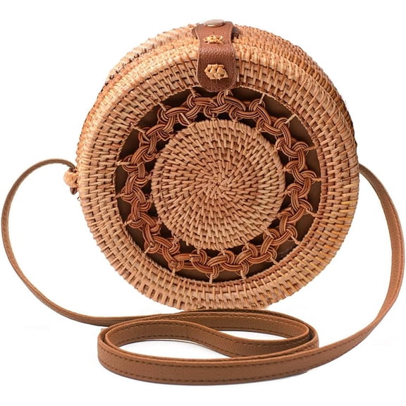 Handwoven Rattan Bag Shoulder with Leather Strap, Women Handmade Wicker Woven Purse, Brown Straw Boho Basket Handbag(7.9x7.9x3.1inches)