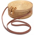 thumbnail image 1 of Handwoven Rattan Bag Shoulder with Leather Strap, Women Handmade Wicker Woven Purse, Brown Straw Boho Basket Handbag(7.9x7.9x3.1inches), 1 of 6