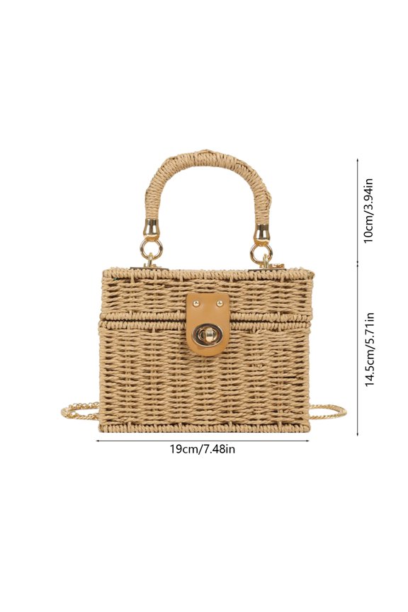 Handwoven Rattan Bag for Women, Vintage Rope Woven Box Handbag with Detachable Chain Strap – Mini Straw-Textured Tote Purse, Summer Crossbody Bag for Beach & Vacation,Khaki